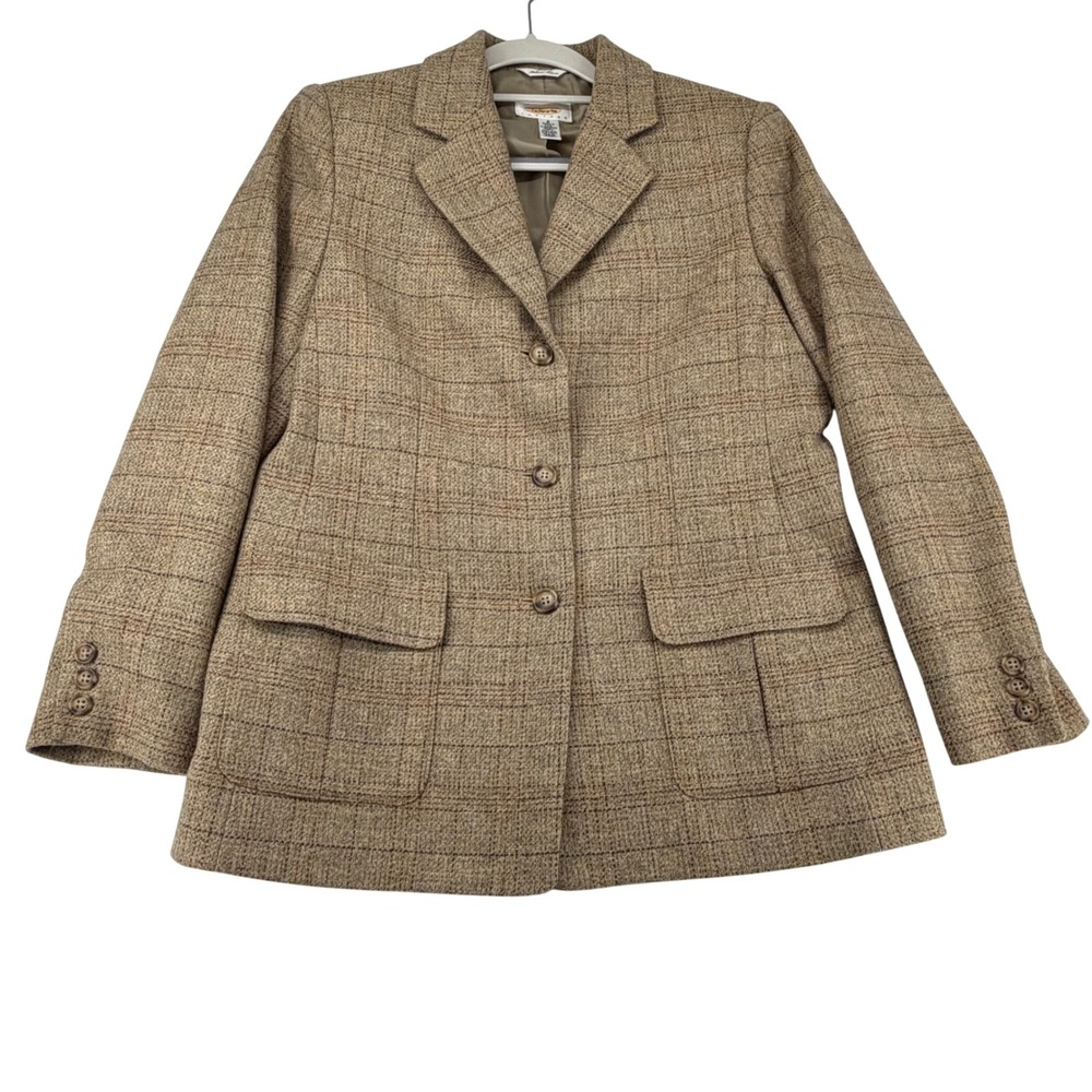 VTG Talbots Petites Womens 8P 100% Wool Plaid Blazer Tan Italian Fabric Made USA